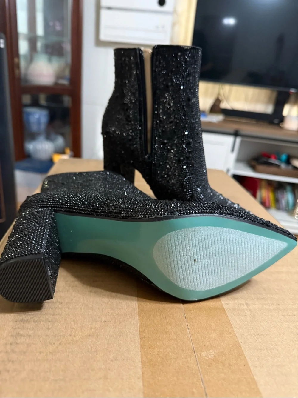 Betsey Johnson Black Rhinestone Pointed Toe Ankle Boots
